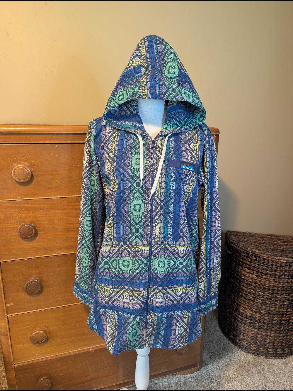 Kavu Outdoor Wear Patterned Blue-Green Hooded Zip-Up Long Length Sweatshirt XL - Picture 2 of 13